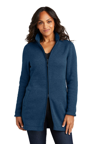 Port Authority L425 Womens Arc Sweater Fleece Full Zip Long Jacket Heather Insignia Blue Model Front