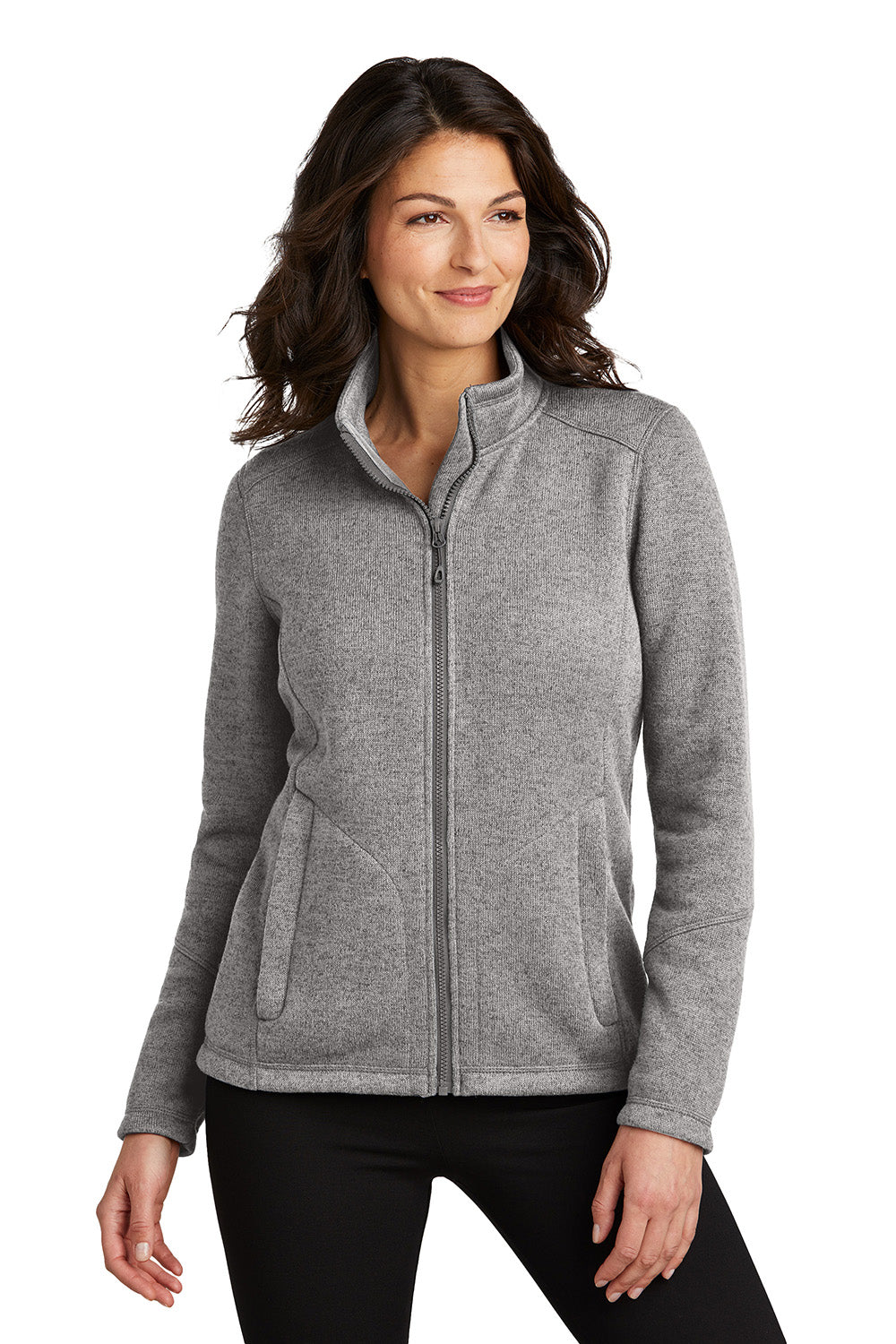 Port Authority L428 Womens Arc Sweater Fleece Full Zip Jacket Heather Deep Smoke Grey Model Front