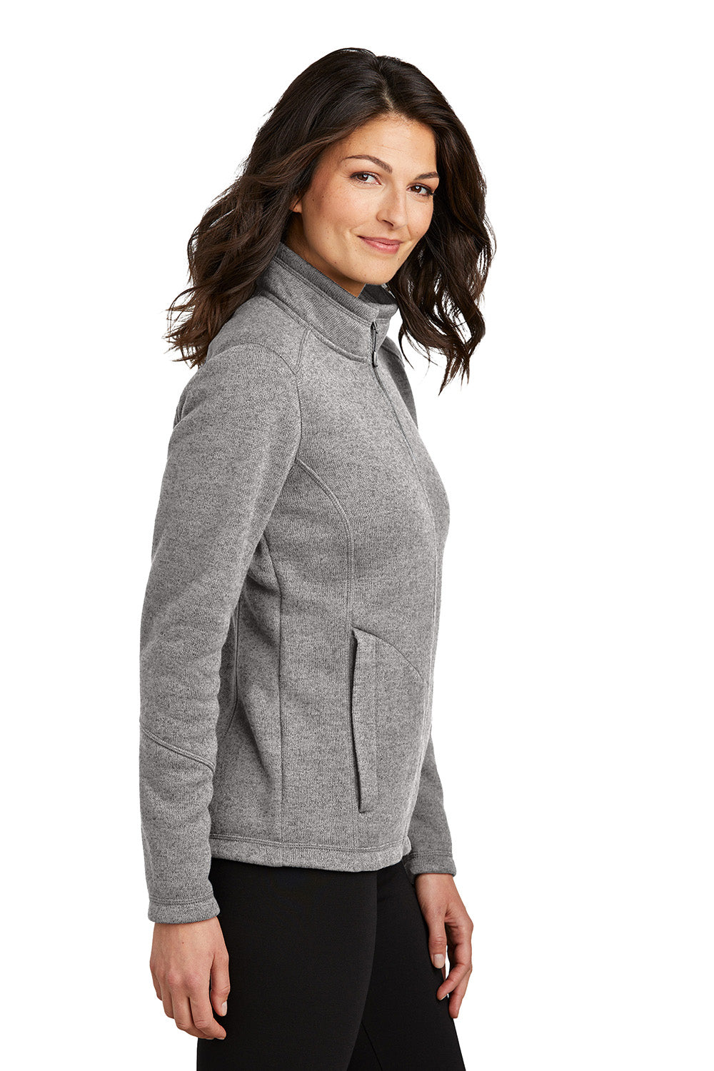 Port Authority L428 Womens Arc Sweater Fleece Full Zip Jacket Heather Deep Smoke Grey Model Side