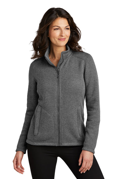 Port Authority L428 Womens Arc Sweater Fleece Full Zip Jacket Heather Smoke Grey Model Front