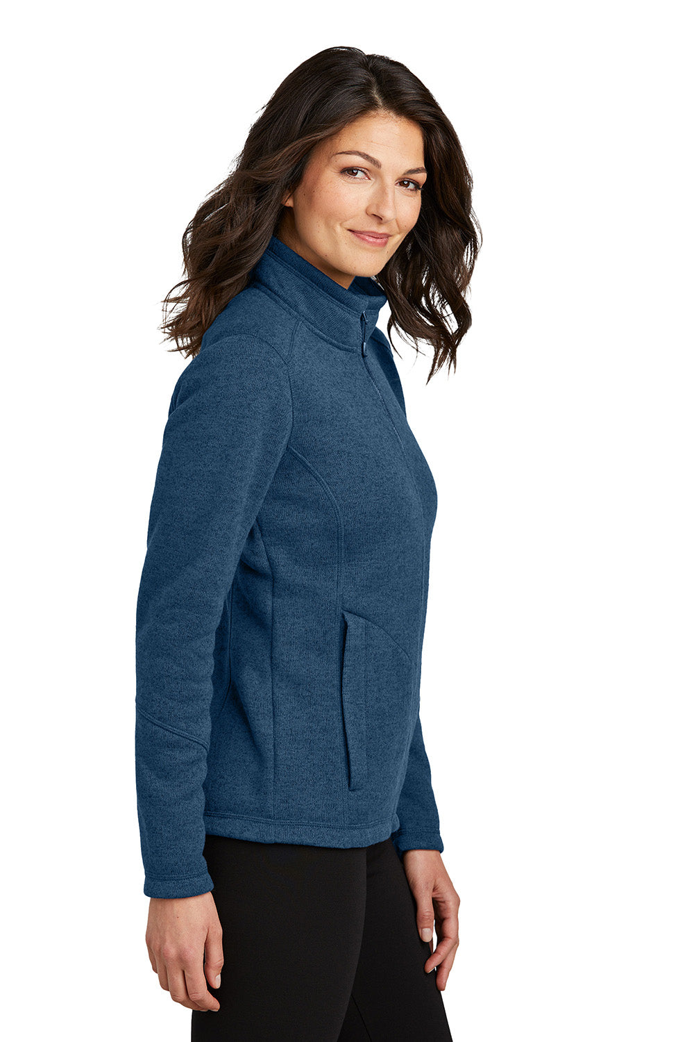 Port Authority L428 Womens Arc Sweater Fleece Full Zip Jacket Heather Insignia Blue Model Side