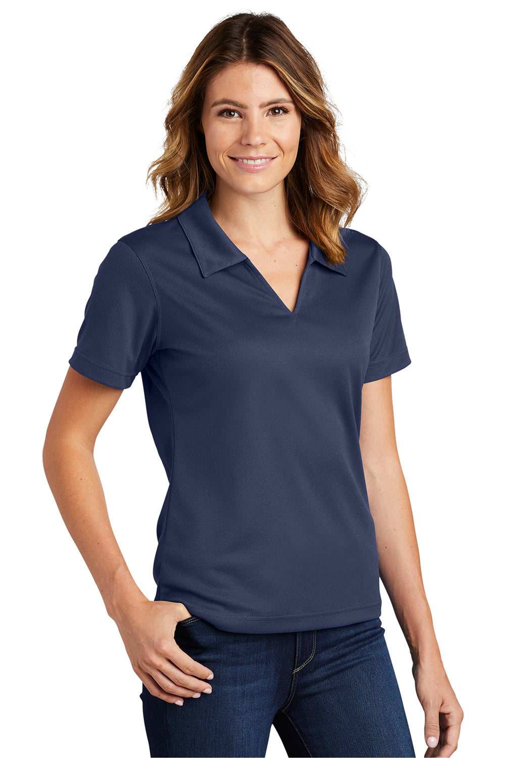 Sport-Tek L469 Womens Dri-Mesh Moisture Wicking Short Sleeve Polo Shirt Navy Blue Model 3q