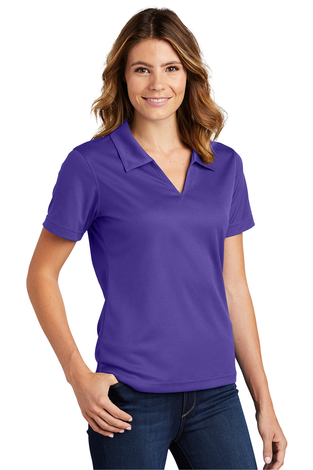 Sport-Tek L469 Womens Dri-Mesh Moisture Wicking Short Sleeve Polo Shirt Purple Model 3q