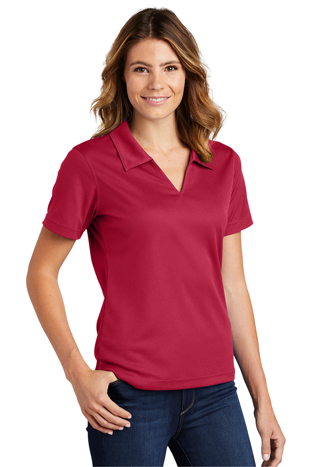 Sport-Tek L469 Womens Dri-Mesh Moisture Wicking Short Sleeve Polo Shirt Red Model 3q