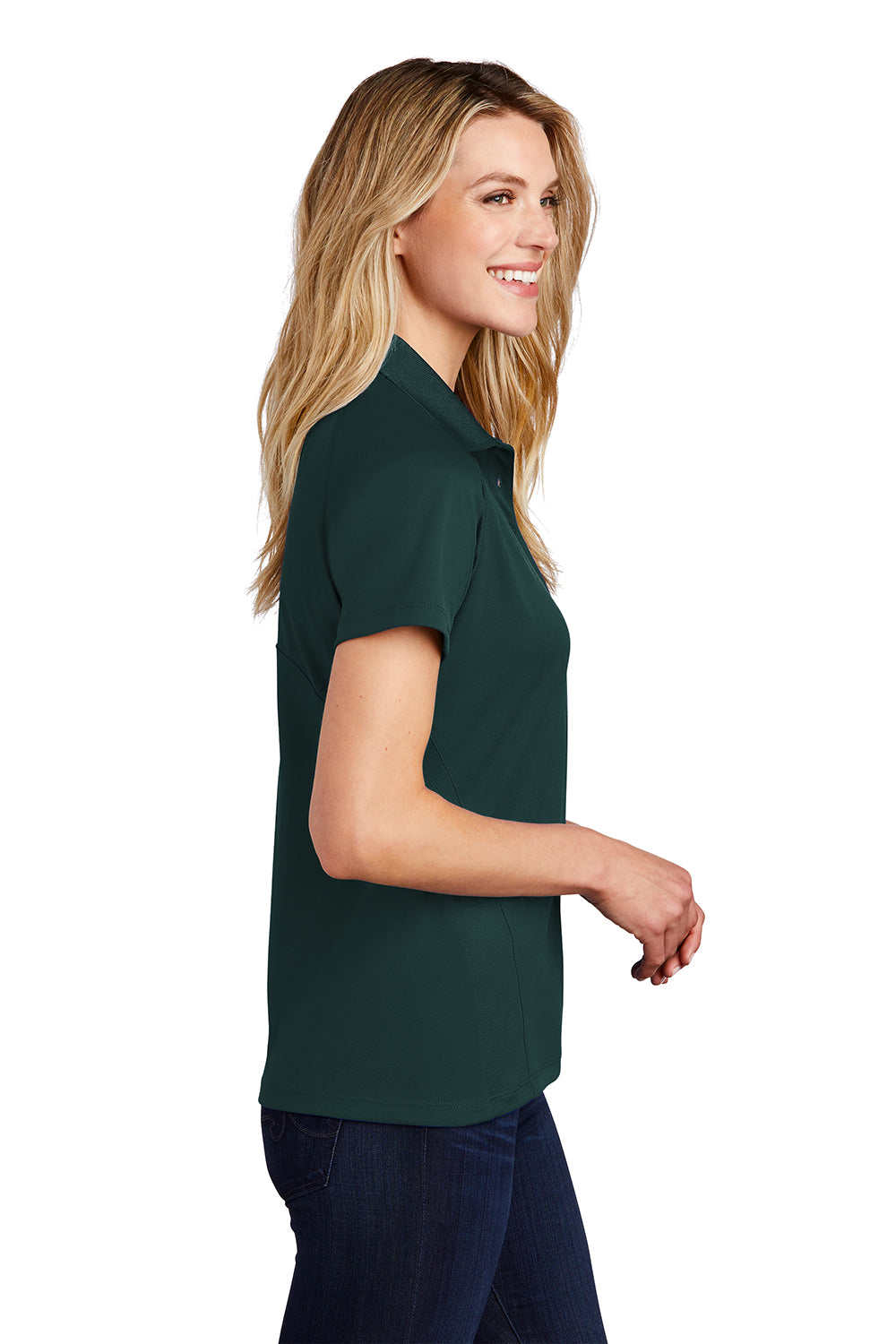 Sport-Tek L474 Womens Dri-Mesh Moisture Wicking Short Sleeve Polo Shirt Dark Green Model Side