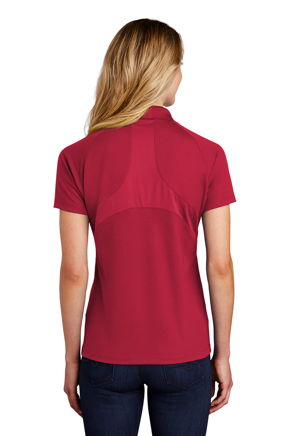 Sport-Tek L474 Womens Dri-Mesh Moisture Wicking Short Sleeve Polo Shirt Engine Red Model Back