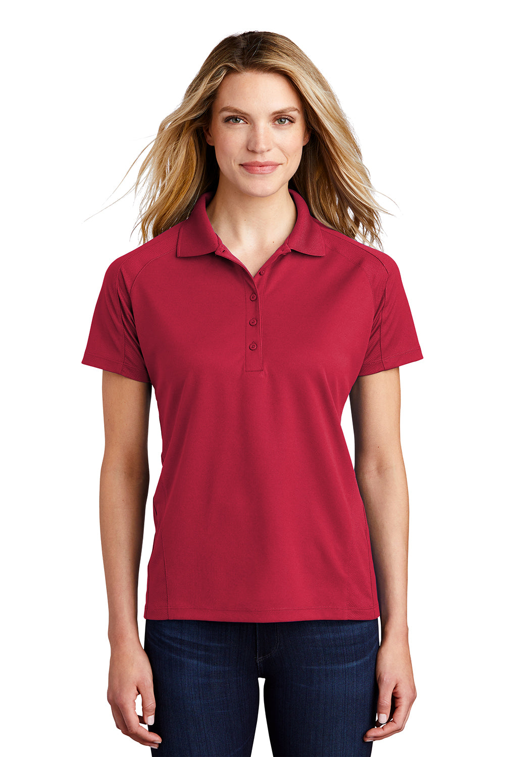 Sport-Tek L474 Womens Dri-Mesh Moisture Wicking Short Sleeve Polo Shirt Engine Red Model Front