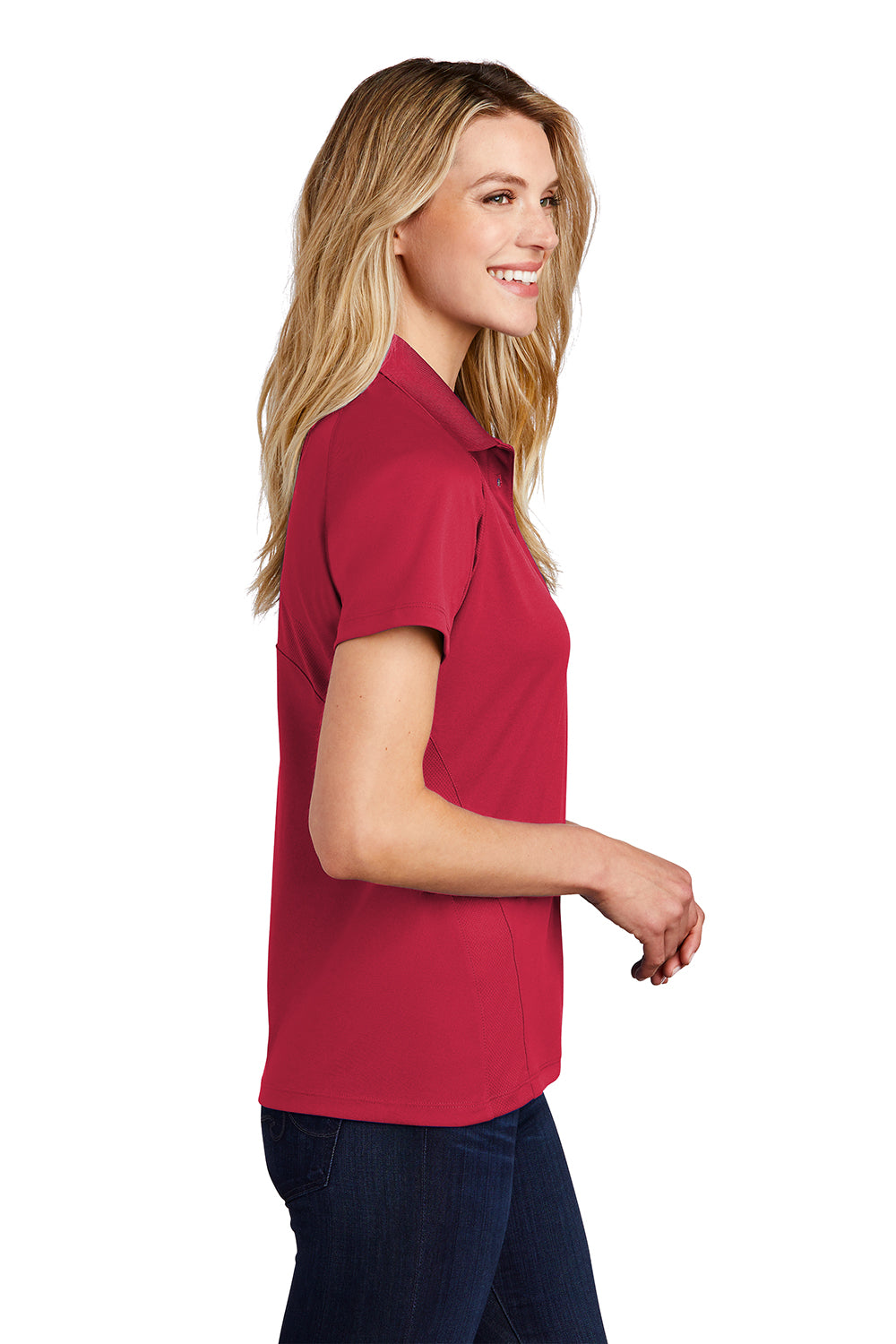 Sport-Tek L474 Womens Dri-Mesh Moisture Wicking Short Sleeve Polo Shirt Engine Red Model Side