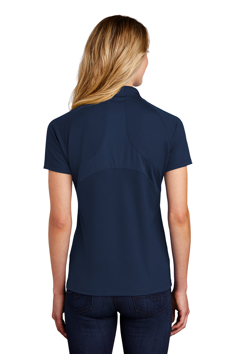 Sport-Tek L474 Womens Dri-Mesh Moisture Wicking Short Sleeve Polo Shirt Navy Blue Model Back