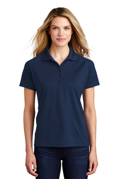 Sport-Tek L474 Womens Dri-Mesh Moisture Wicking Short Sleeve Polo Shirt Navy Blue Model Front