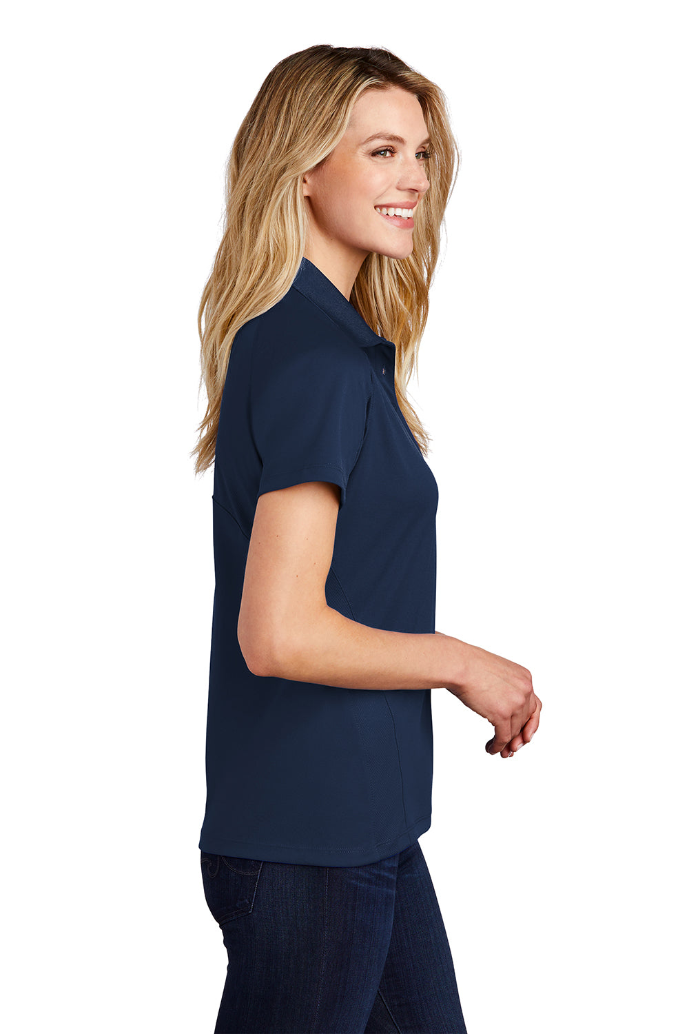 Sport-Tek L474 Womens Dri-Mesh Moisture Wicking Short Sleeve Polo Shirt Navy Blue Model Side