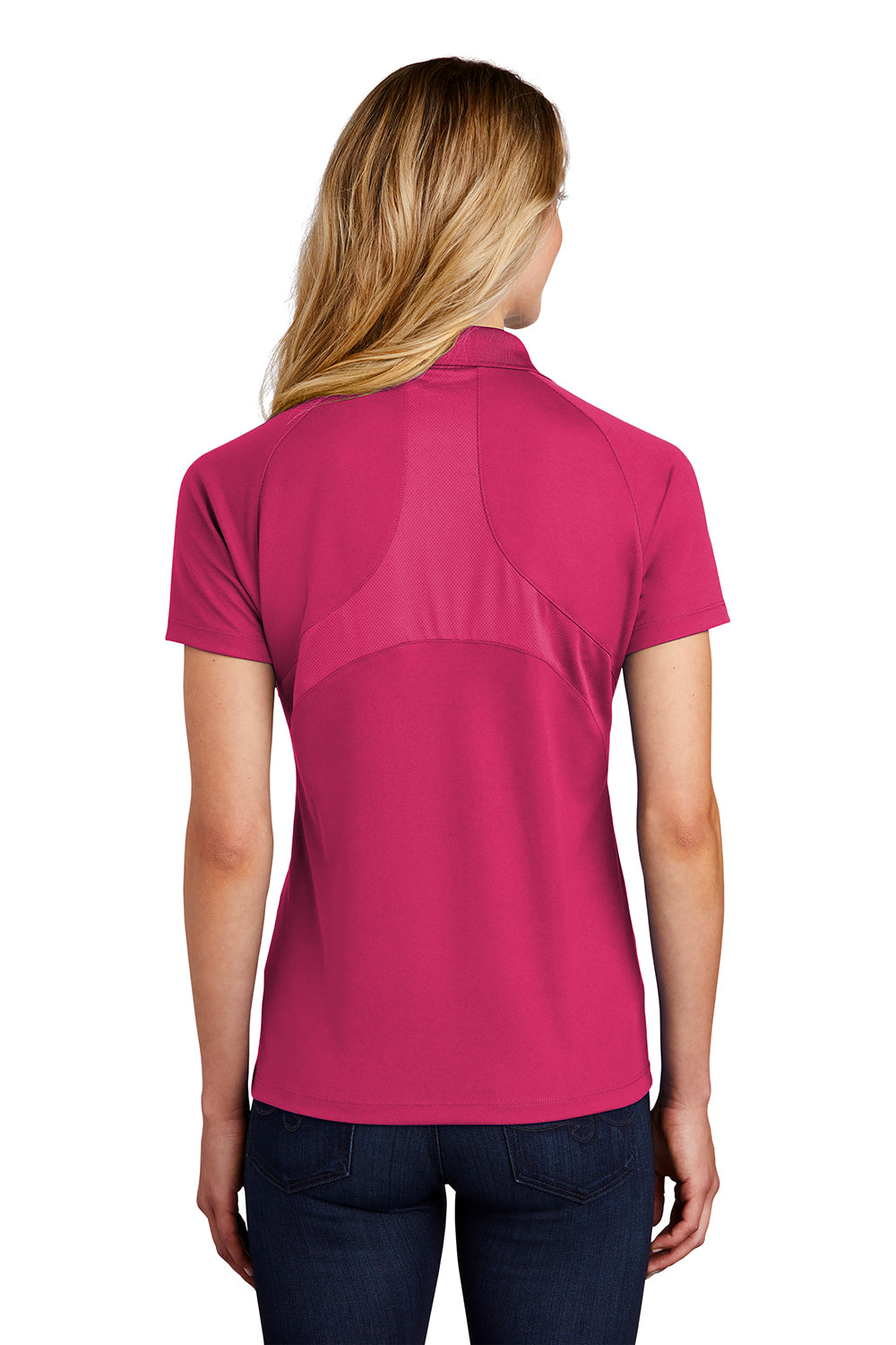 Sport-Tek L474 Womens Dri-Mesh Moisture Wicking Short Sleeve Polo Shirt Raspberry Pink Model Back