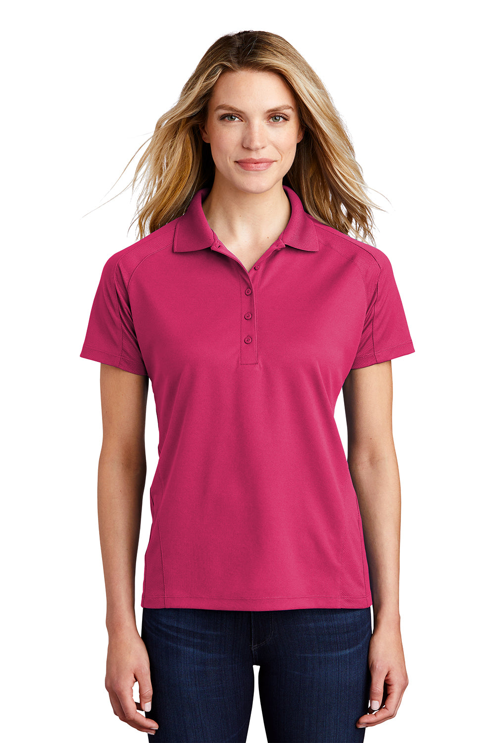 Sport-Tek L474 Womens Dri-Mesh Moisture Wicking Short Sleeve Polo Shirt Raspberry Pink Model Front