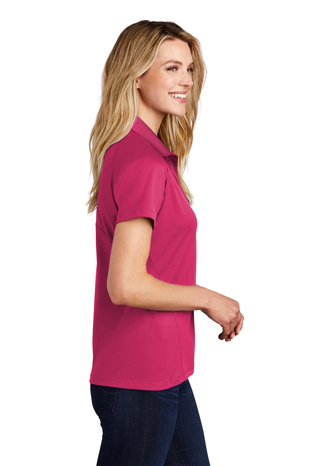 Sport-Tek L474 Womens Dri-Mesh Moisture Wicking Short Sleeve Polo Shirt Raspberry Pink Model Side