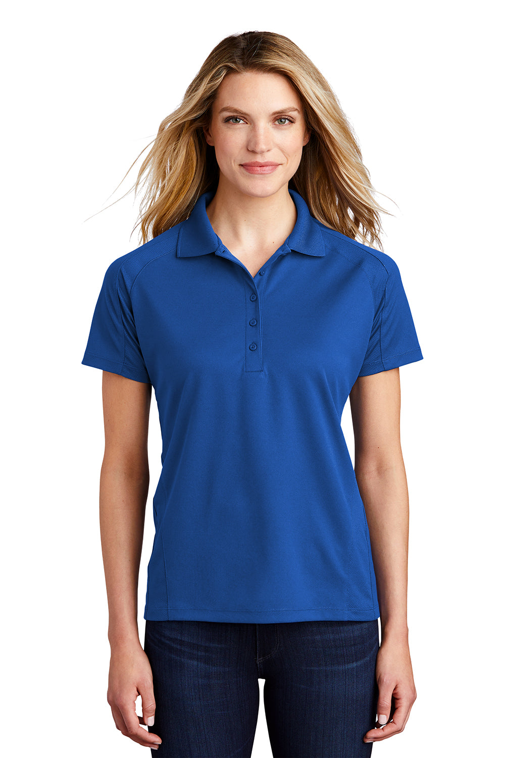 Sport-Tek L474 Womens Dri-Mesh Moisture Wicking Short Sleeve Polo Shirt Royal Blue Model Front