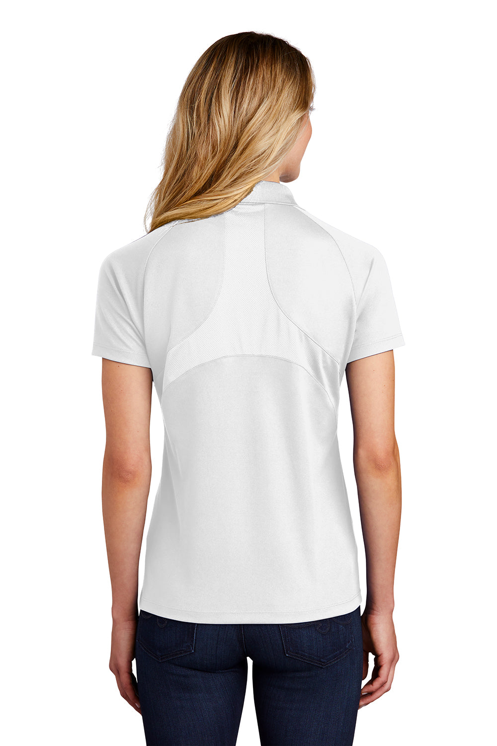 Sport-Tek L474 Womens Dri-Mesh Moisture Wicking Short Sleeve Polo Shirt White Model Back