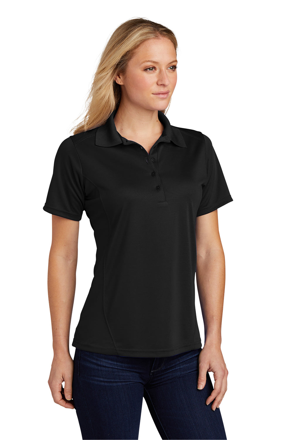 Sport-Tek L475 Womens Dry Zone Moisture Wicking Short Sleeve Polo Shirt Black Model 3q