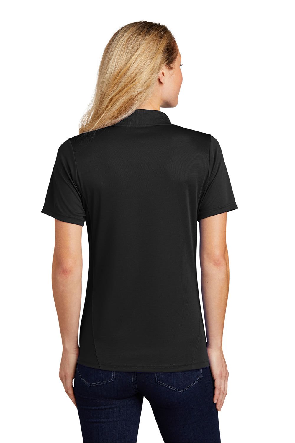 Sport-Tek L475 Womens Dry Zone Moisture Wicking Short Sleeve Polo Shirt Black Model Back