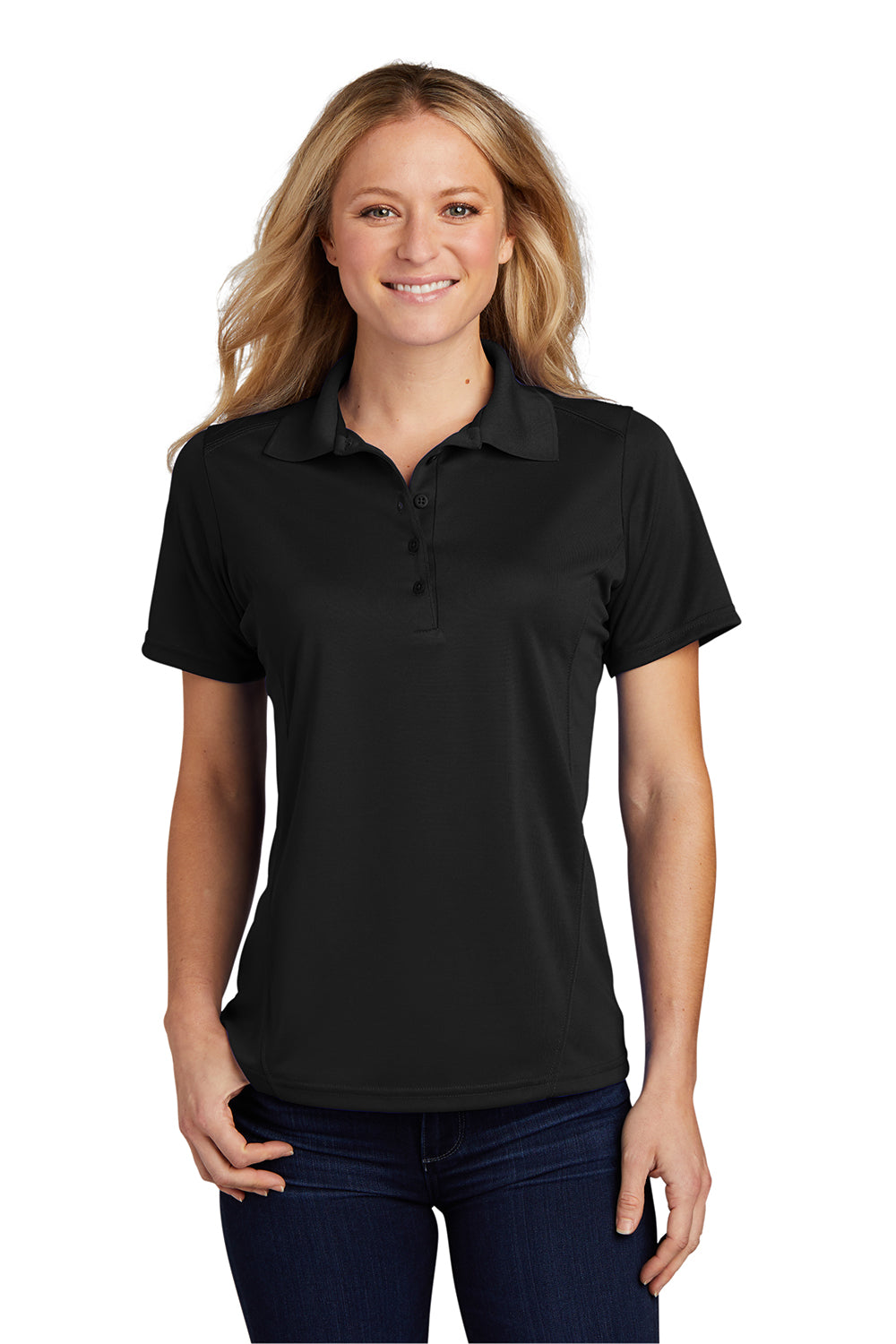 Sport-Tek L475 Womens Dry Zone Moisture Wicking Short Sleeve Polo Shirt Black Model Front