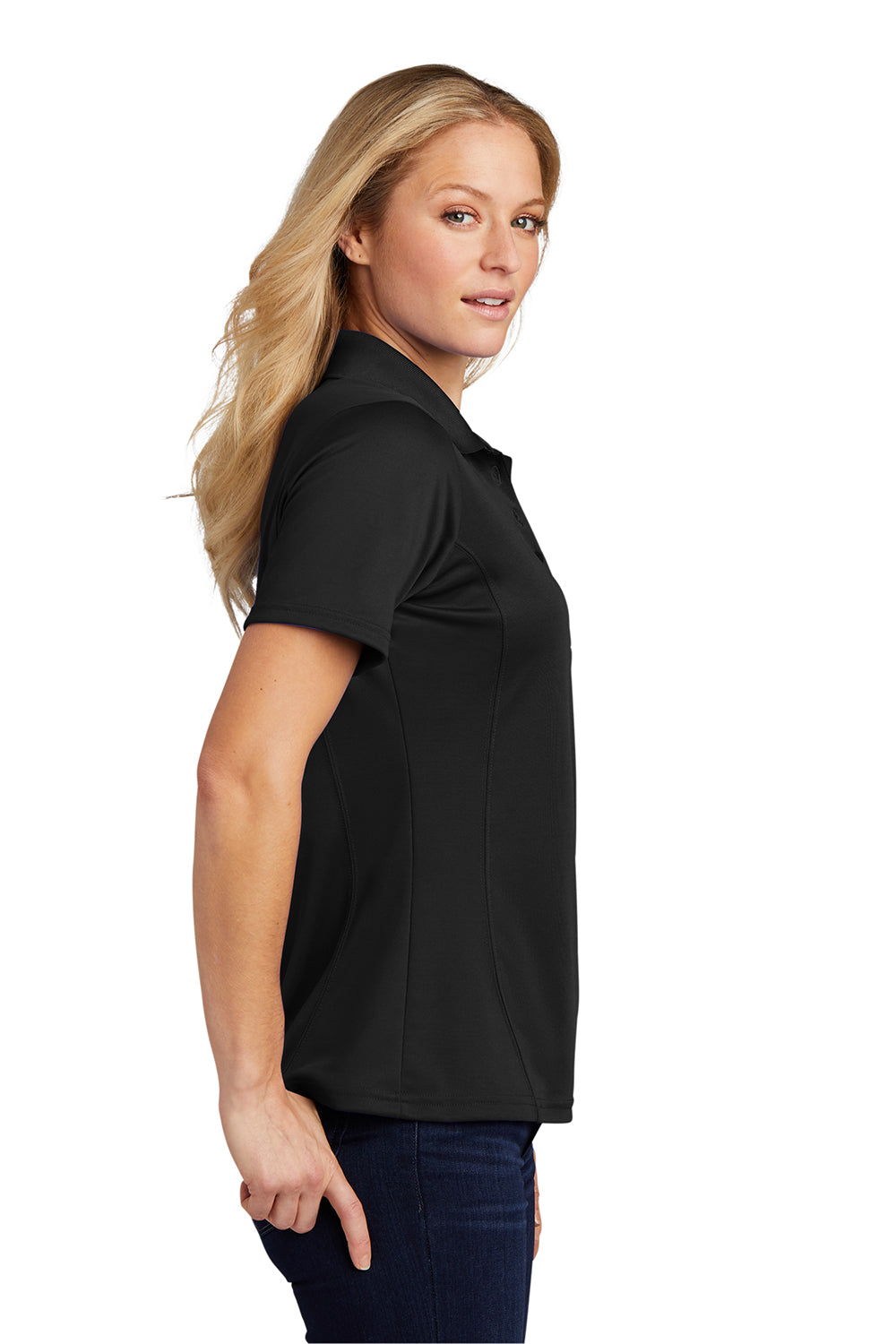 Sport-Tek L475 Womens Dry Zone Moisture Wicking Short Sleeve Polo Shirt Black Model Side