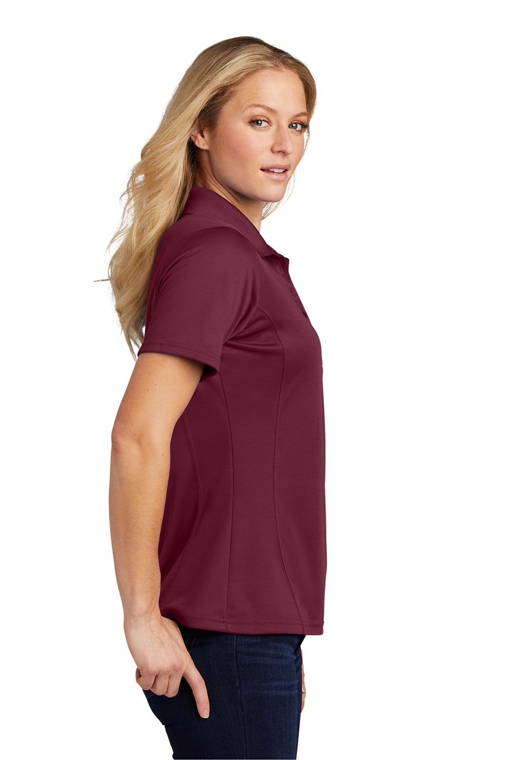 Sport-Tek L475 Womens Dry Zone Moisture Wicking Short Sleeve Polo Shirt Maroon Model Side