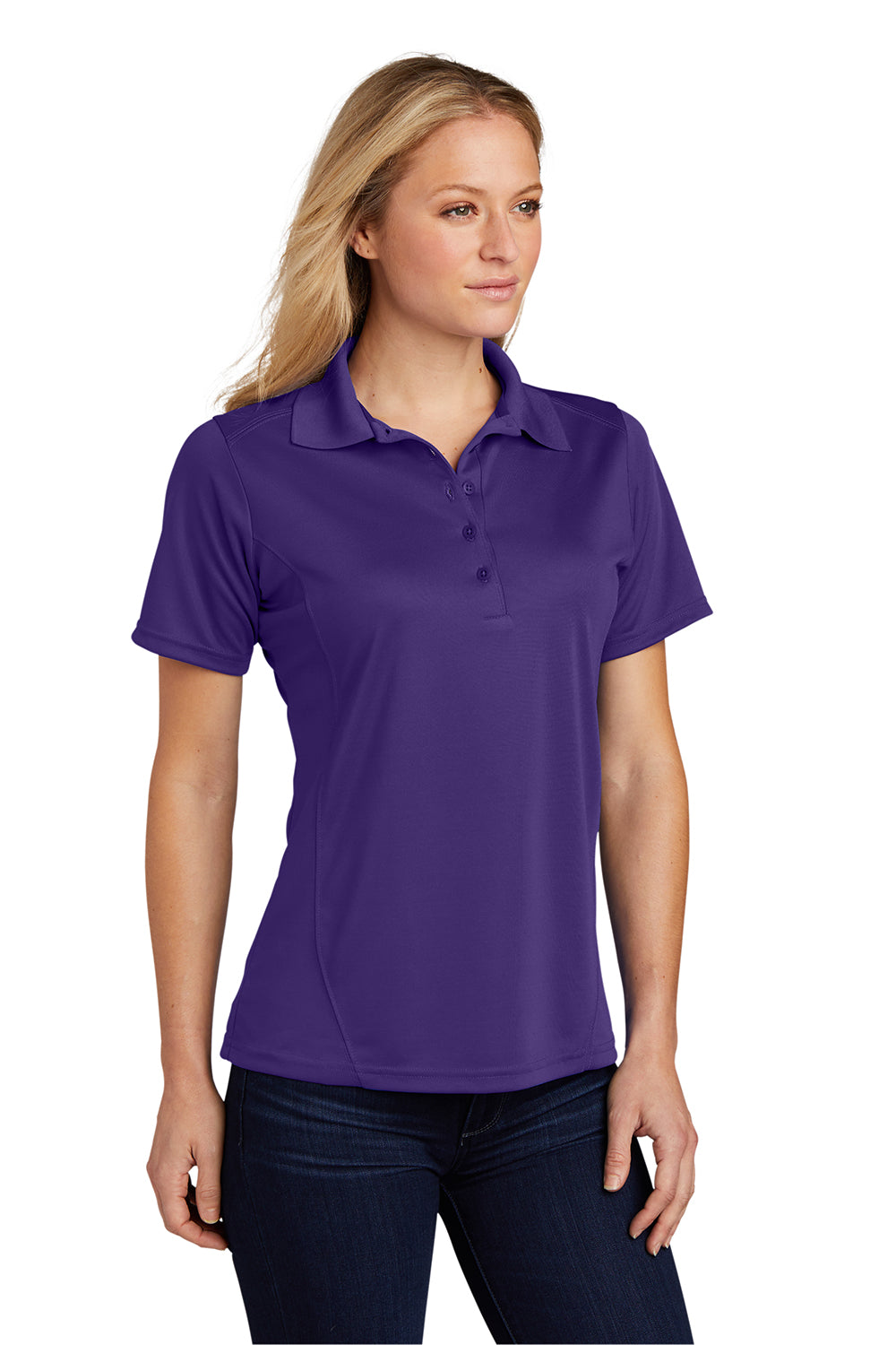 Sport-Tek L475 Womens Dry Zone Moisture Wicking Short Sleeve Polo Shirt Purple Model 3q