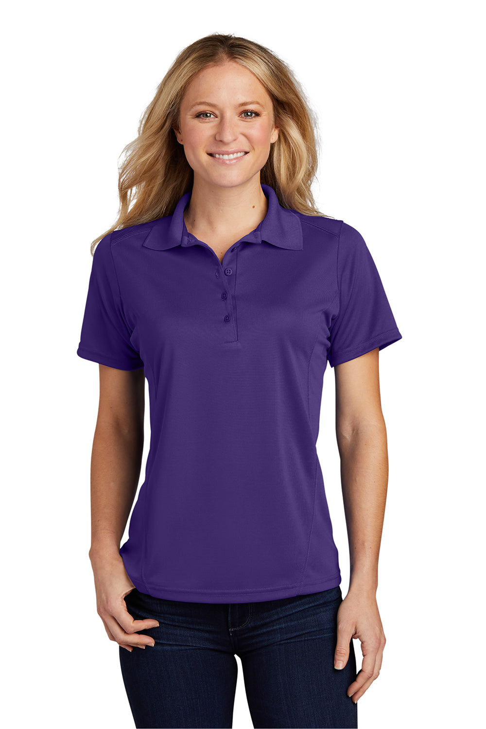 Sport-Tek L475 Womens Dry Zone Moisture Wicking Short Sleeve Polo Shirt Purple Model Front