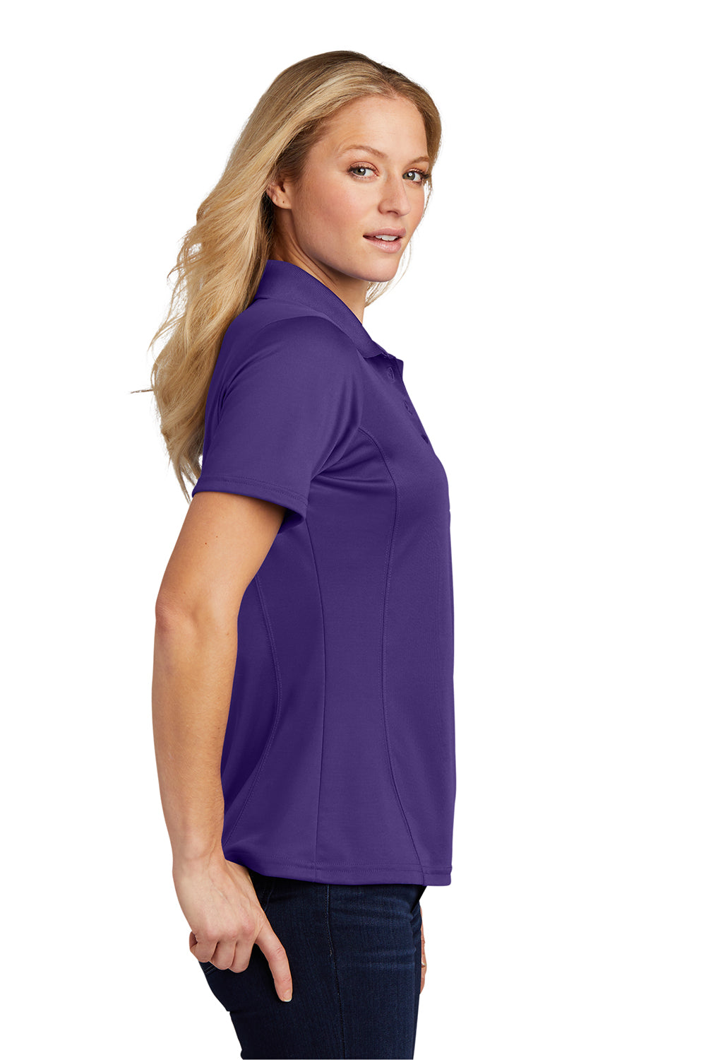 Sport-Tek L475 Womens Dry Zone Moisture Wicking Short Sleeve Polo Shirt Purple Model Side