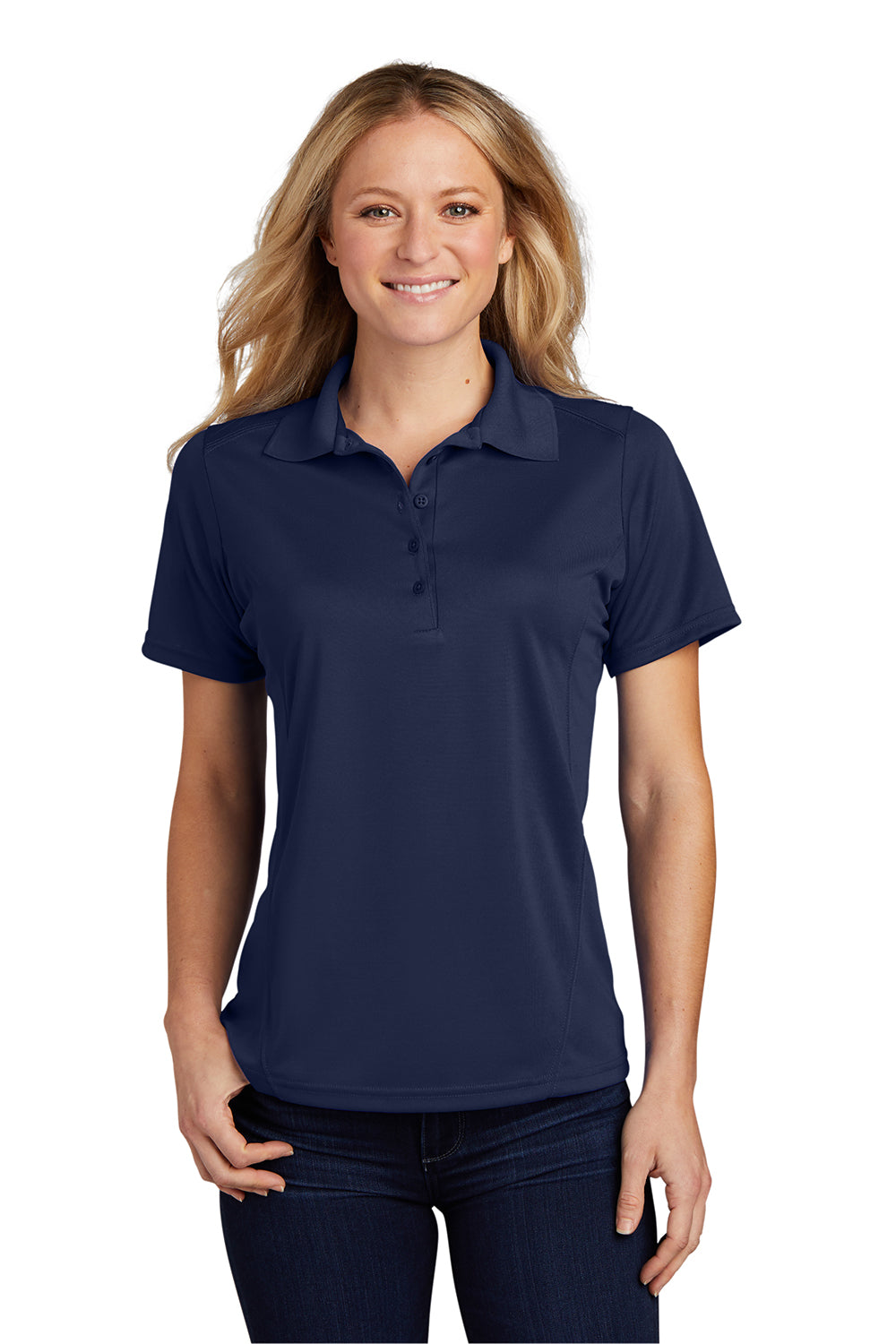 Sport-Tek L475 Womens Dry Zone Moisture Wicking Short Sleeve Polo Shirt True Navy Blue Model Front