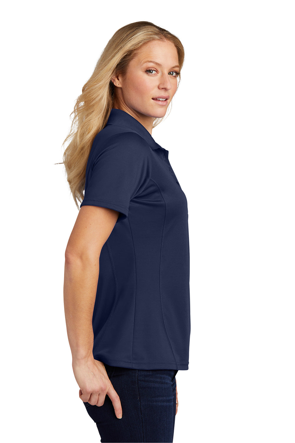 Sport-Tek L475 Womens Dry Zone Moisture Wicking Short Sleeve Polo Shirt True Navy Blue Model Side