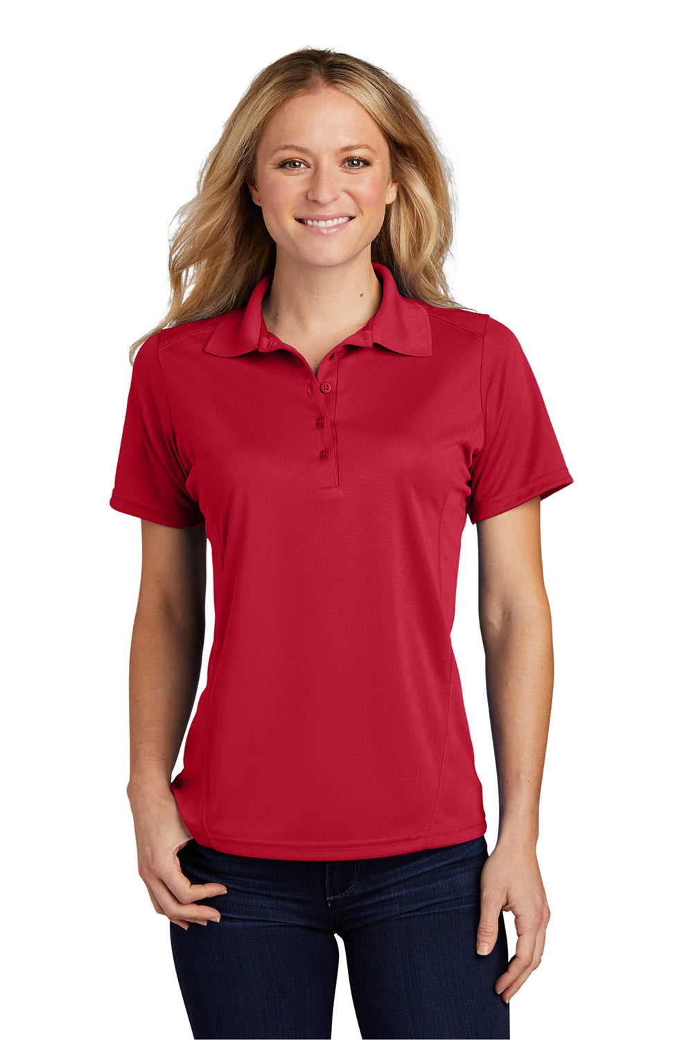 Sport-Tek L475 Womens Dry Zone Moisture Wicking Short Sleeve Polo Shirt True Red Model Front