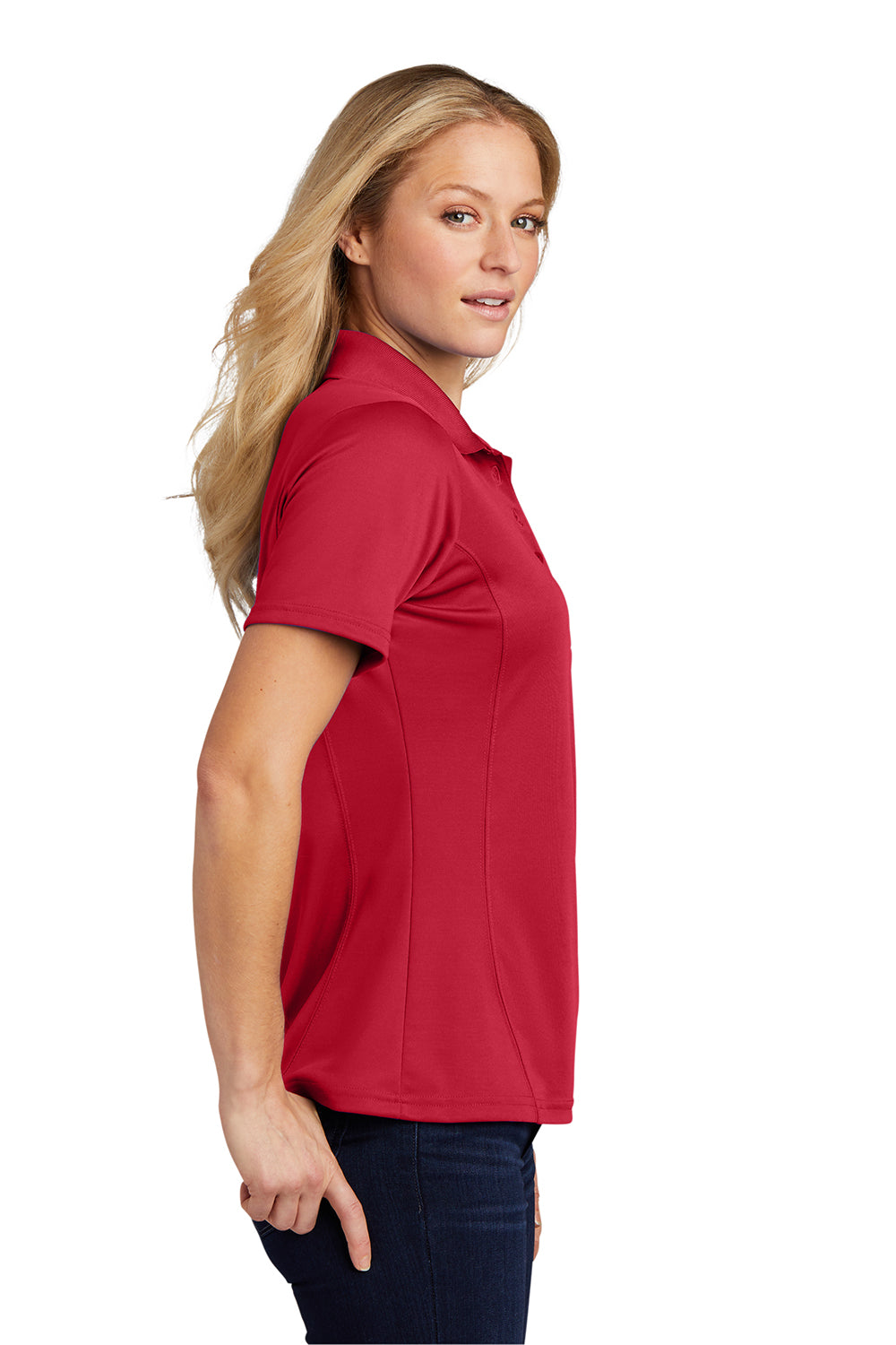 Sport-Tek L475 Womens Dry Zone Moisture Wicking Short Sleeve Polo Shirt True Red Model Side