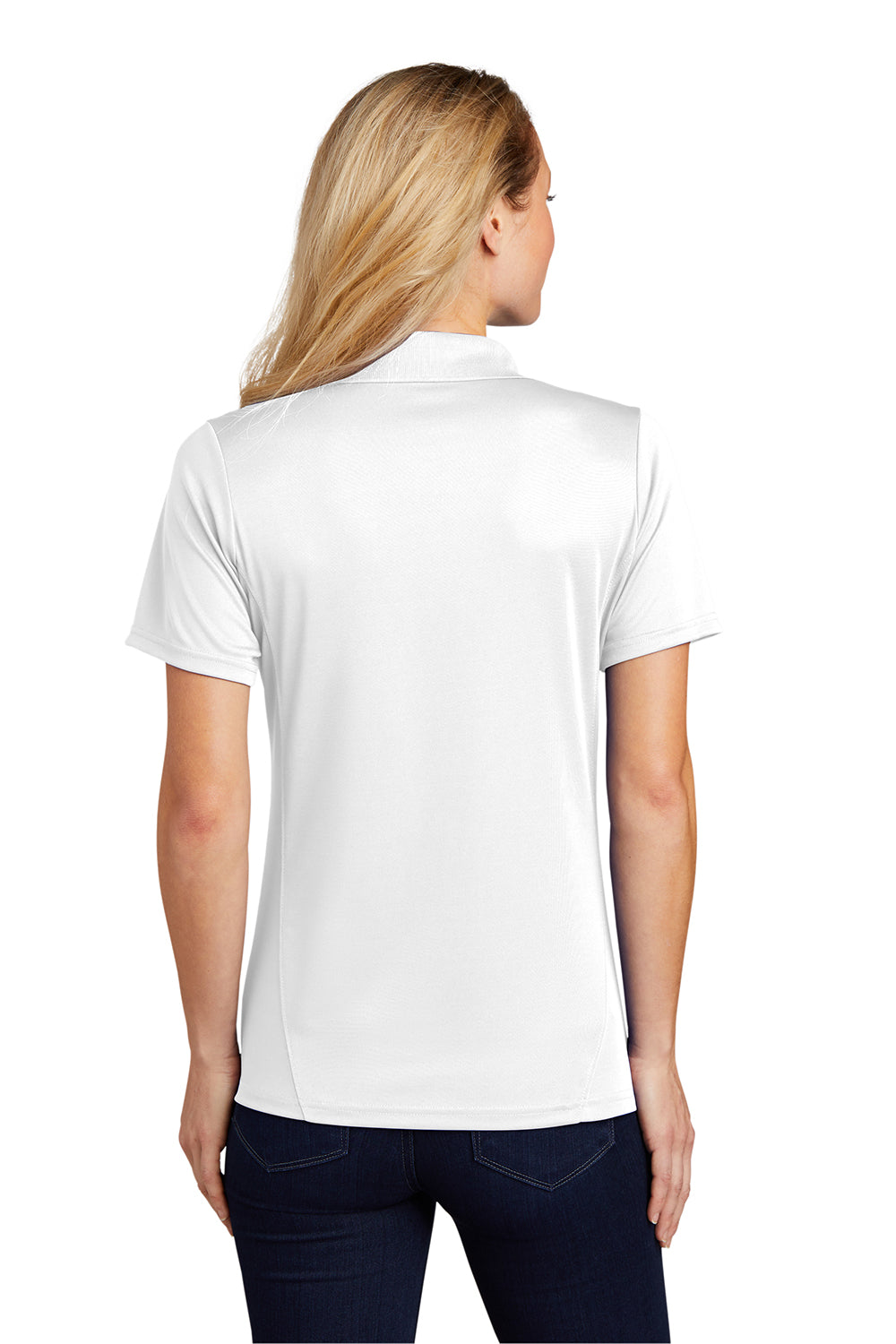 Sport-Tek L475 Womens Dry Zone Moisture Wicking Short Sleeve Polo Shirt White Model Back