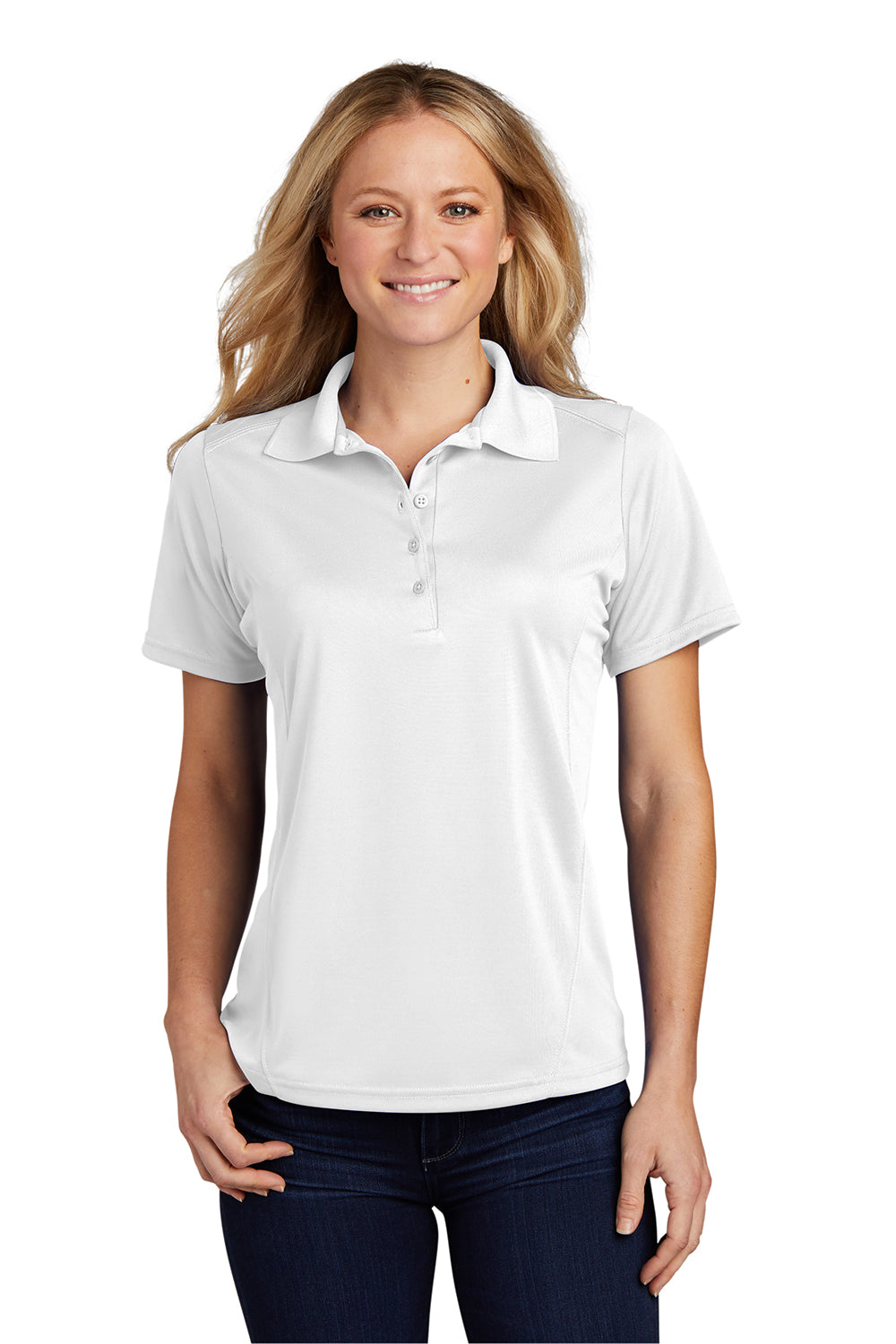 Sport-Tek L475 Womens Dry Zone Moisture Wicking Short Sleeve Polo Shirt White Model Front