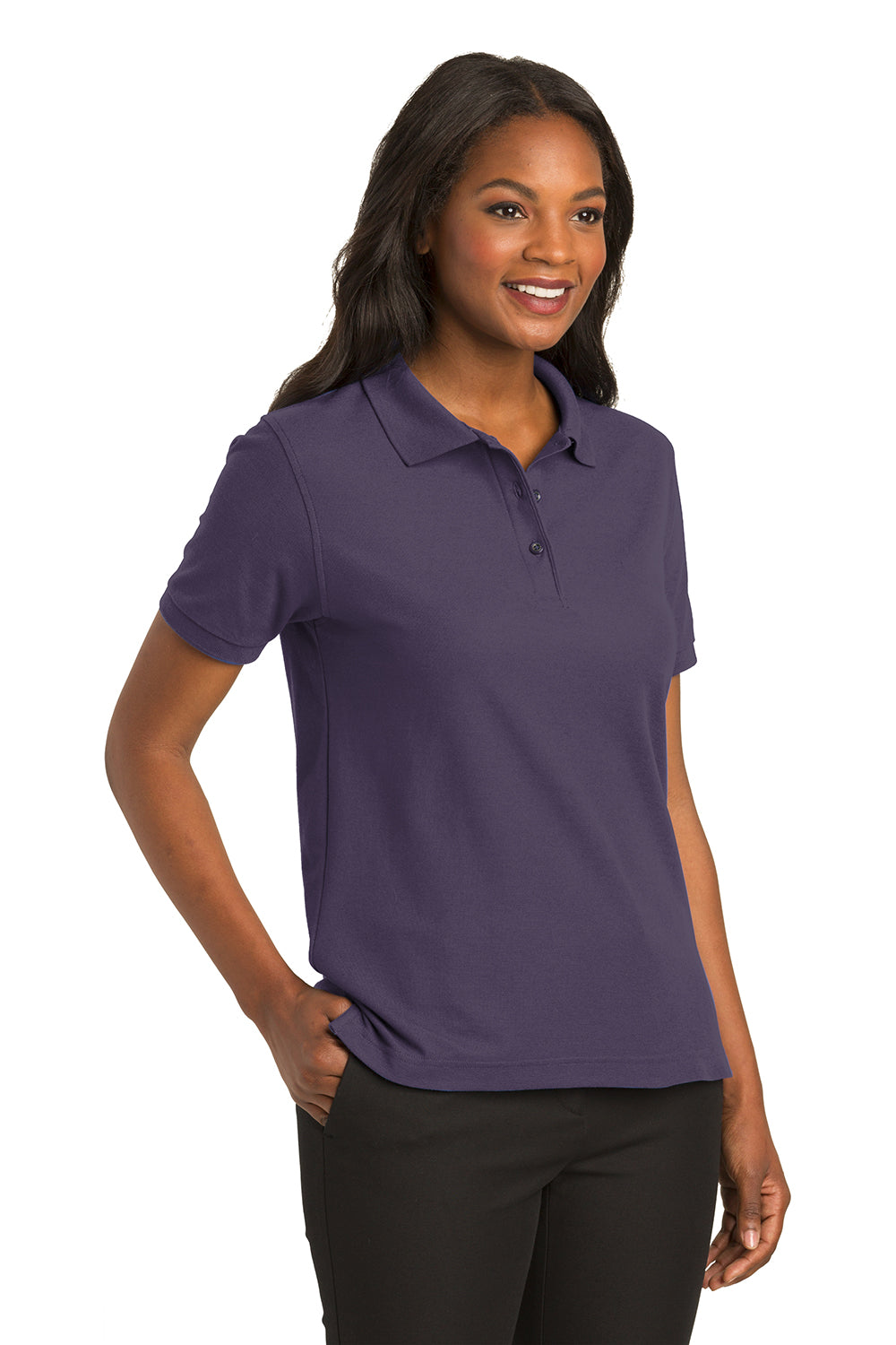 Port Authority L500 Womens Silk Touch Wrinkle Resistant Short Sleeve Polo Shirt Eggplant Purple Model 3q