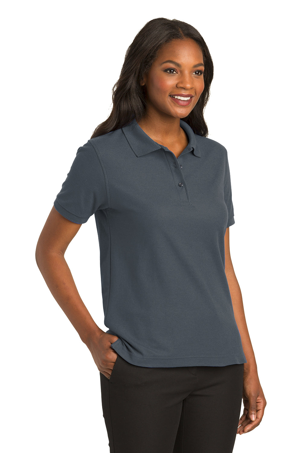 Port Authority L500 Womens Silk Touch Wrinkle Resistant Short Sleeve Polo Shirt Steel Grey Model 3q