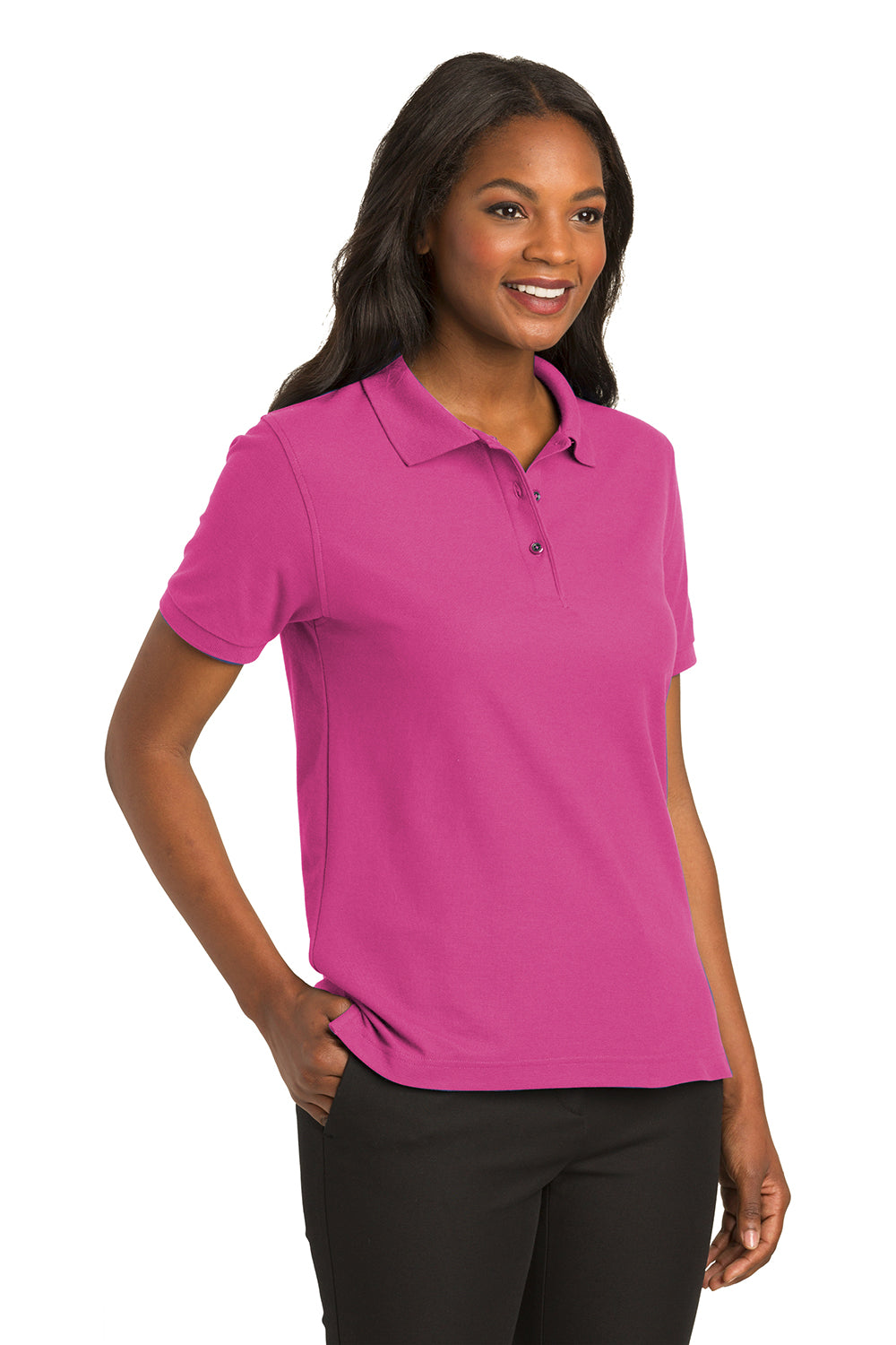 Port Authority L500 Womens Silk Touch Wrinkle Resistant Short Sleeve Polo Shirt Tropical Pink Model 3q