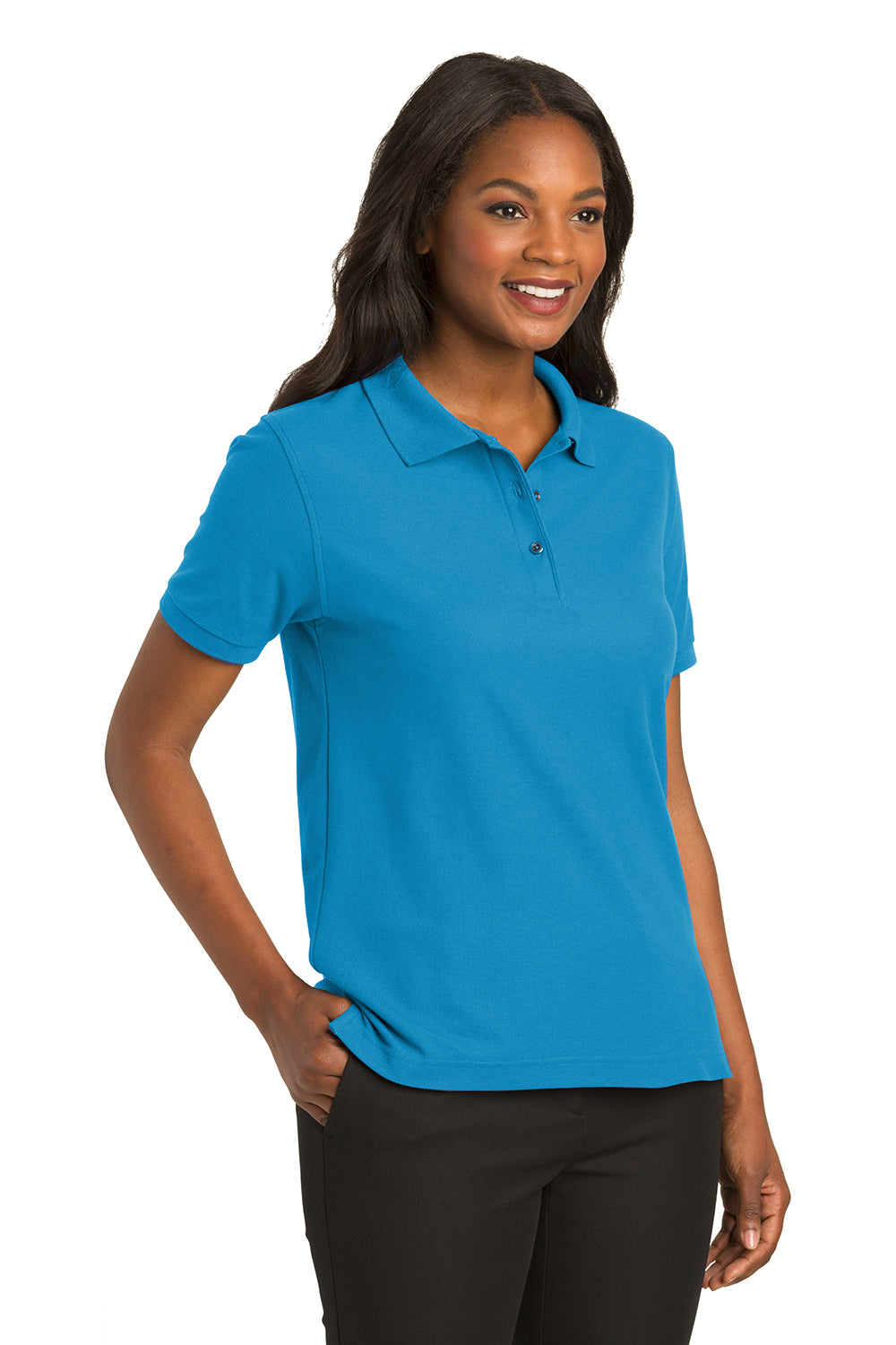 Port Authority L500 Womens Silk Touch Wrinkle Resistant Short Sleeve Polo Shirt Turquoise Blue Model 3q