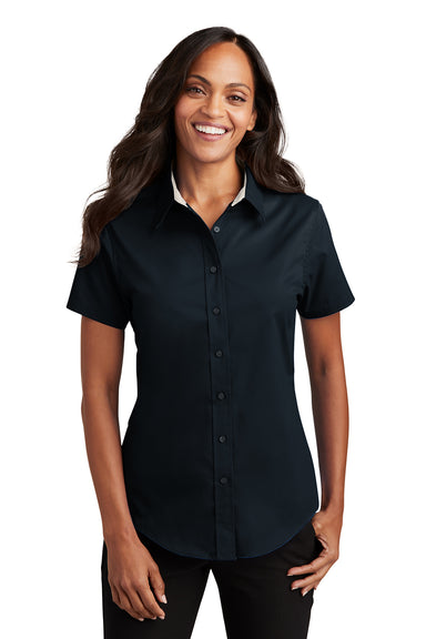 Port Authority L508 Womens Easy Care Wrinkle Resistant Short Sleeve Button Down Shirt Classic Navy Blue Model Front