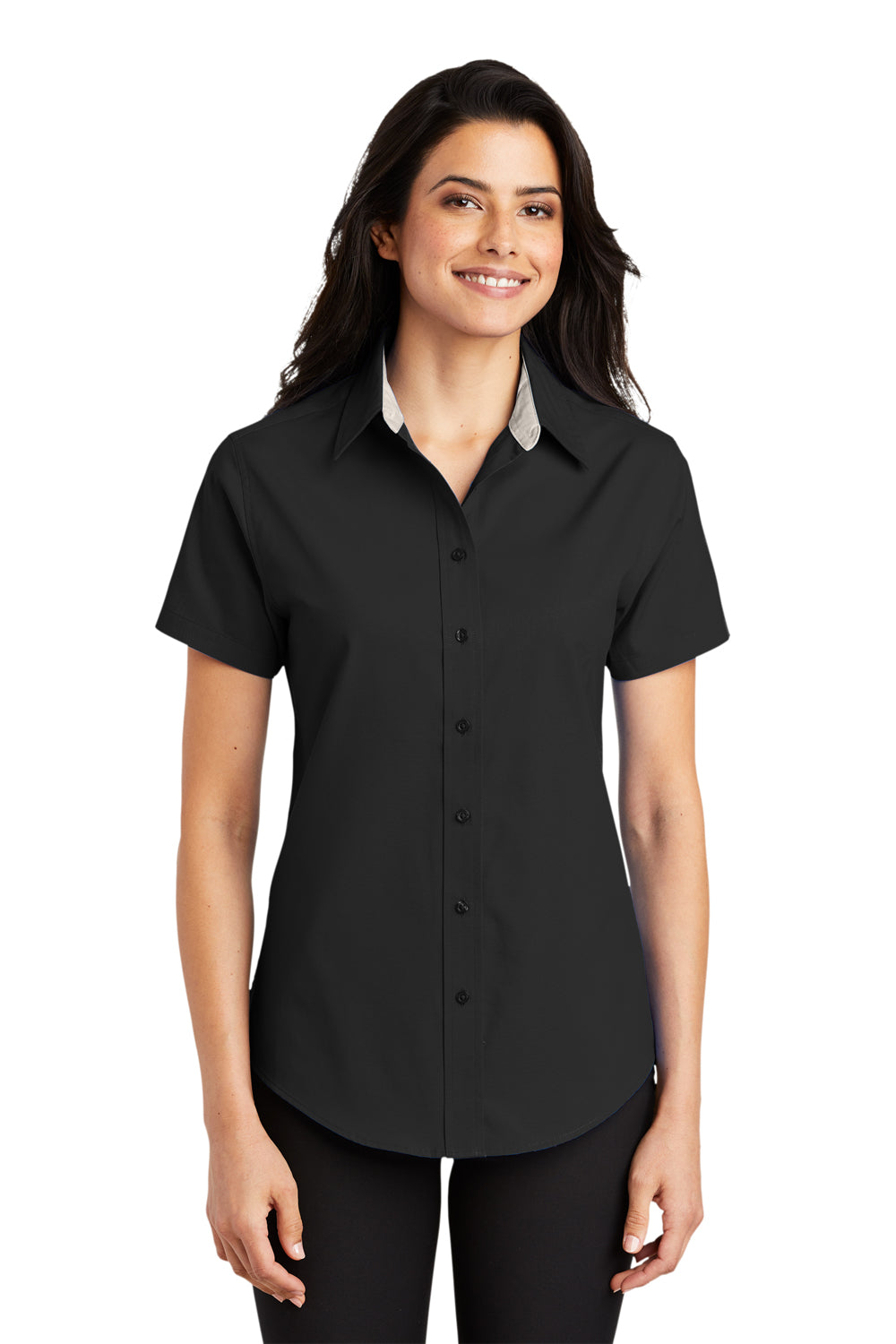 Port Authority L508 Womens Easy Care Wrinkle Resistant Short Sleeve Button Down Shirt Black Model Front