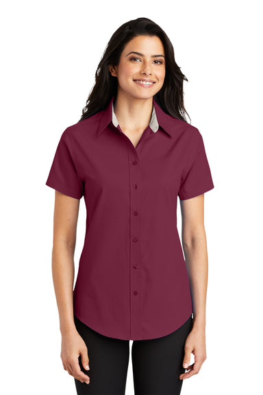 Port Authority L508 Womens Easy Care Wrinkle Resistant Short Sleeve Button Down Shirt Burgundy Model Front