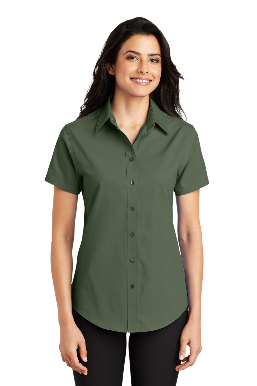 Port Authority L508 Womens Easy Care Wrinkle Resistant Short Sleeve Button Down Shirt Clover Green Model Front