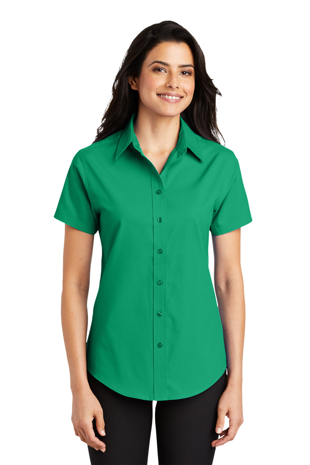 Port Authority L508 Womens Easy Care Wrinkle Resistant Short Sleeve Button Down Shirt Court Green Model Front