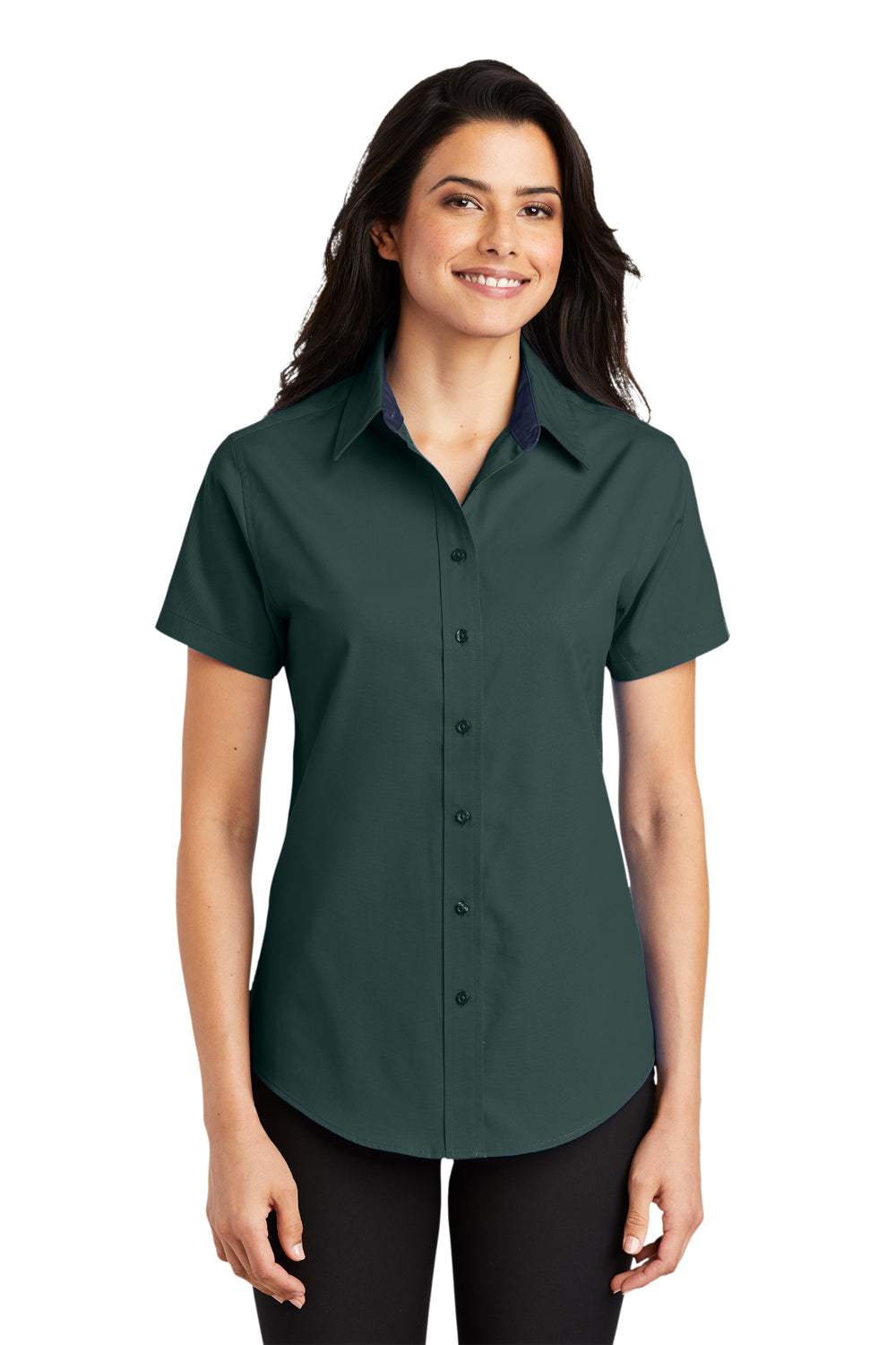 Port Authority L508 Womens Easy Care Wrinkle Resistant Short Sleeve Button Down Shirt Dark Green Model Front