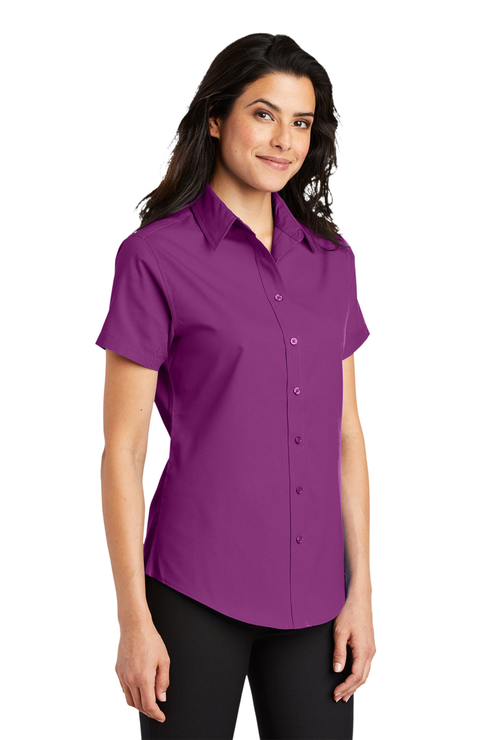 Port Authority L508 Womens Easy Care Wrinkle Resistant Short Sleeve Button Down Shirt Deep Berry Purple Model 3q