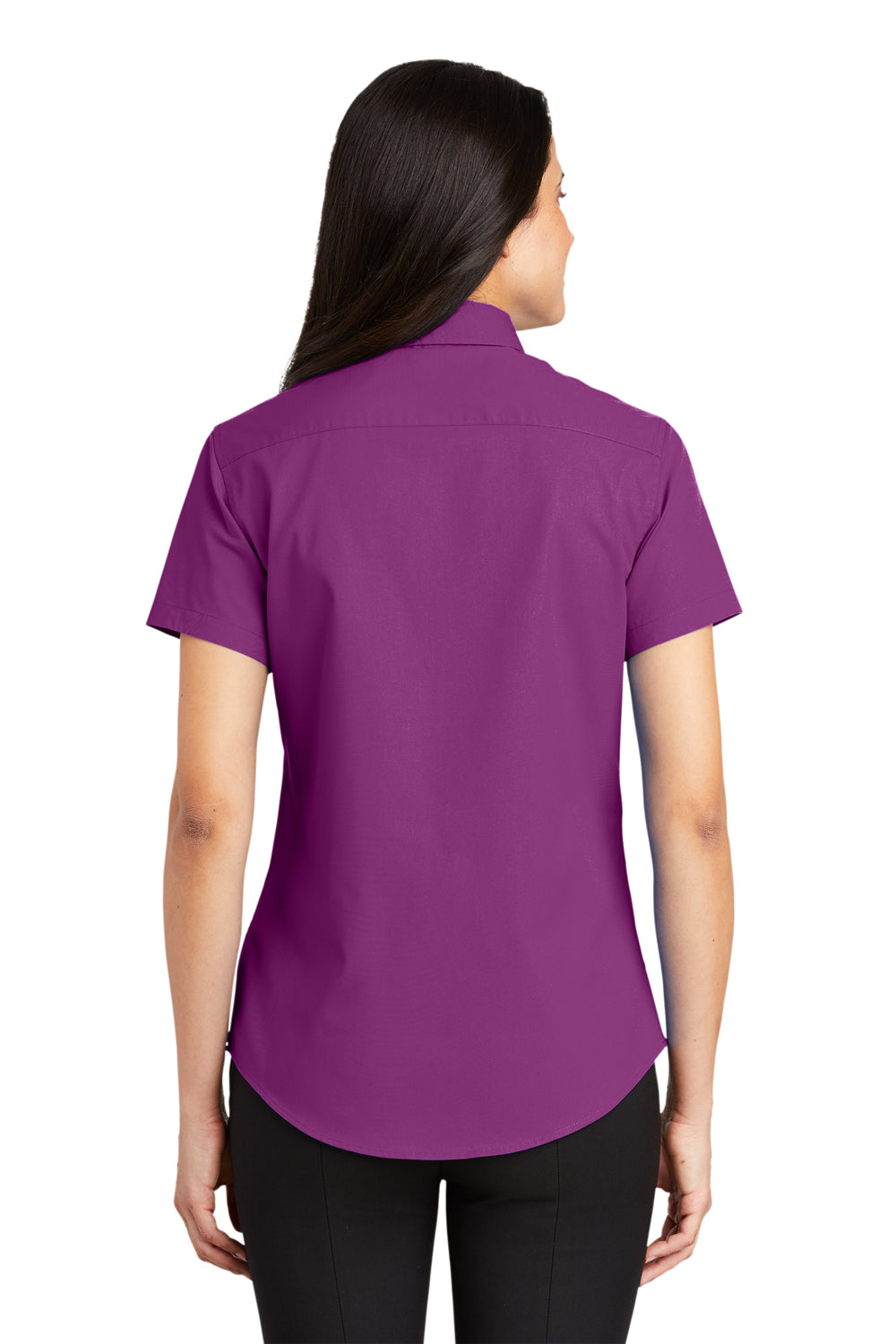 Port Authority L508 Womens Easy Care Wrinkle Resistant Short Sleeve Button Down Shirt Deep Berry Purple Model Back