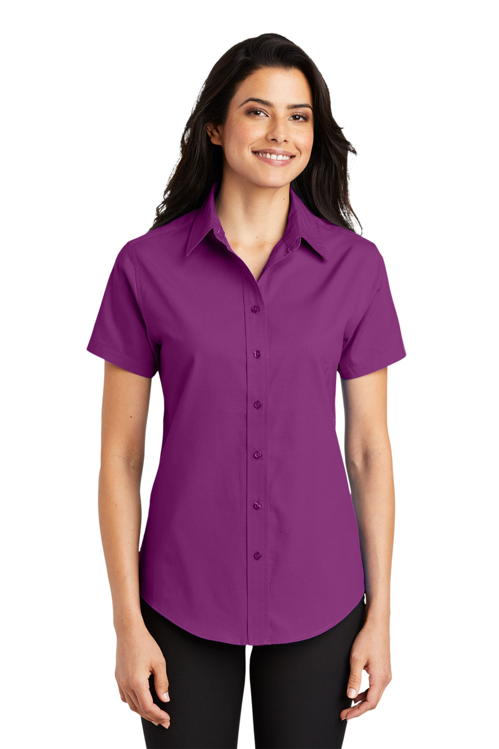 Port Authority L508 Womens Easy Care Wrinkle Resistant Short Sleeve Button Down Shirt Deep Berry Purple Model Front