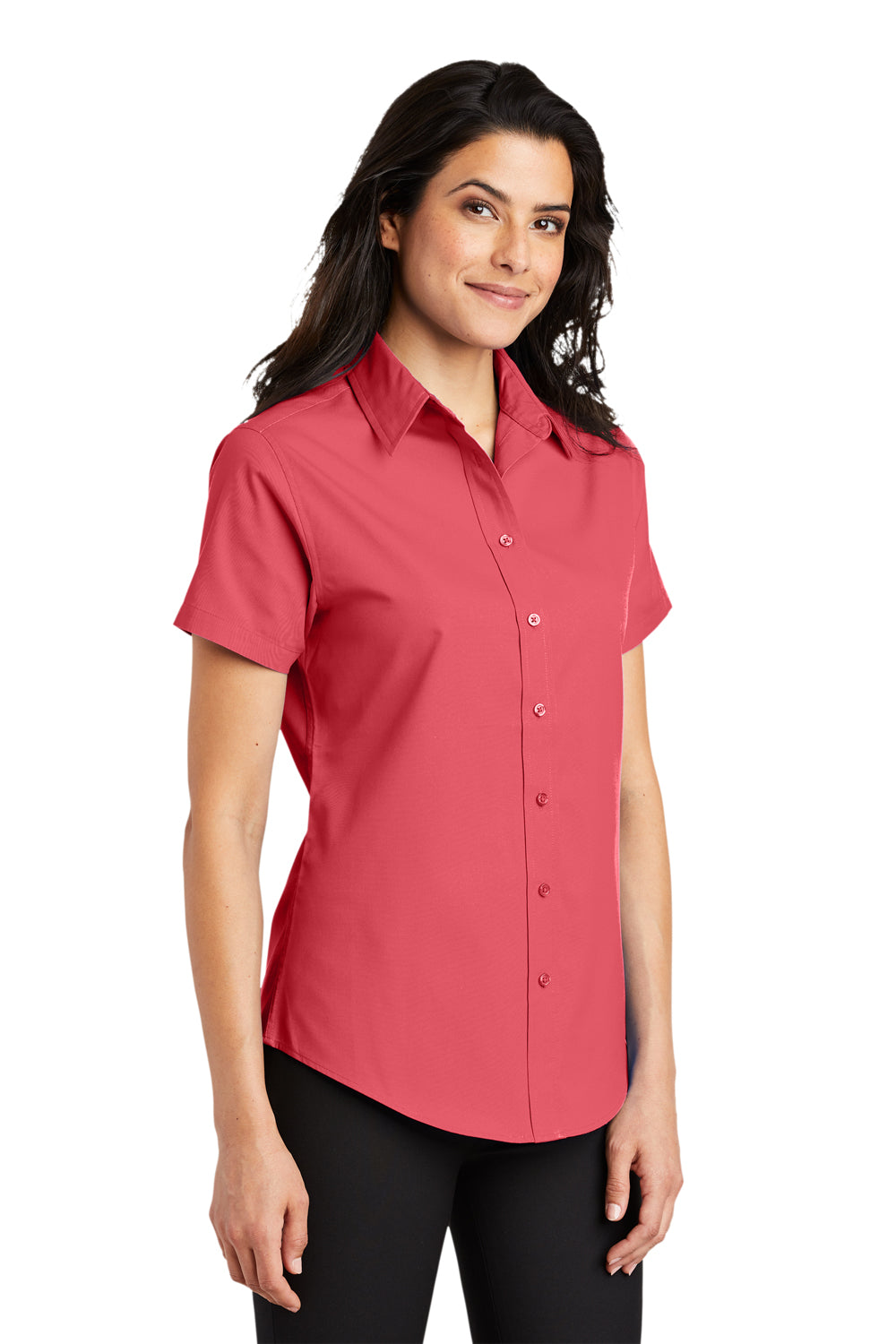 Port Authority L508 Womens Easy Care Wrinkle Resistant Short Sleeve Button Down Shirt Hibiscus Pink Model 3q