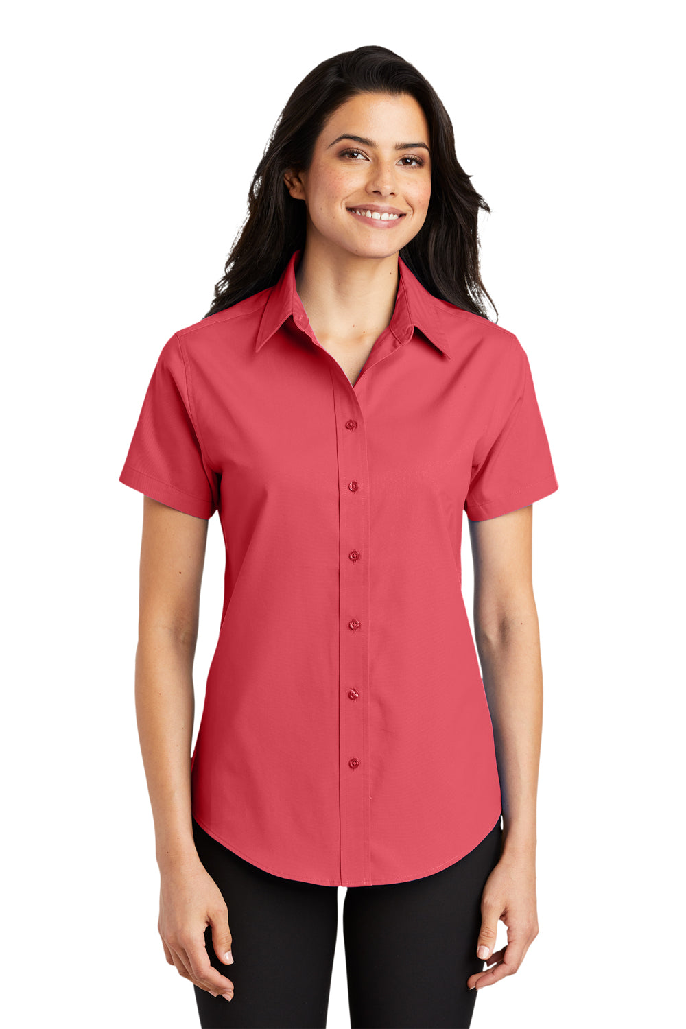 Port Authority L508 Womens Easy Care Wrinkle Resistant Short Sleeve Button Down Shirt Hibiscus Pink Model Front