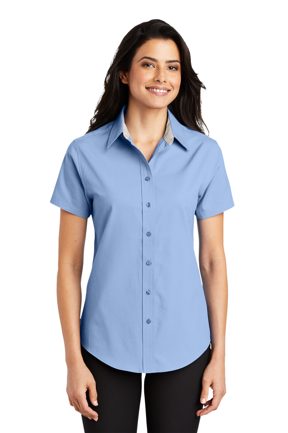 Port Authority L508 Womens Easy Care Wrinkle Resistant Short Sleeve Button Down Shirt Light Blue Model Front